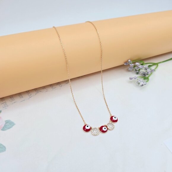 Rose Gold Necklace with Evil Eye & Crystal Charms, 17.7+2 Inch Chain,XPNL0025 - Picture 11 of 13